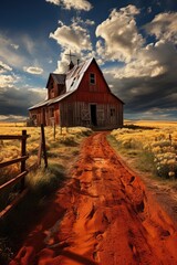 The painting depicts a sunflower field with a barn, road, and dark sky. (Generative AI)