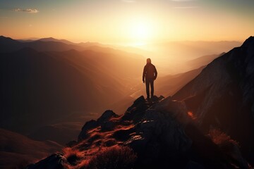 Abstract Male Hiker stands at the summit of a difficult mountain climb to be greeted with a beautiful view of the sunrise. Generative ai.