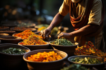 Fototapeta Bowls with colourful spice in market in India. Asian or mexican food banners, advertisement. Copy space obraz