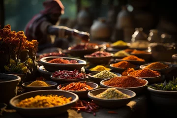 Tuinposter Bowls with colourful spices in market in India. Asian or mexican food and spice banner, advertisement. Copy space © Silga