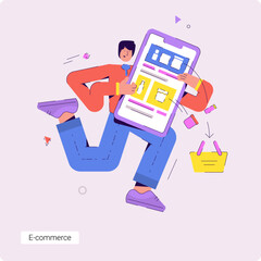 Concept vector business illustration of a business man who makes purchases by phone and puts them in a shopping cart. - 626019582