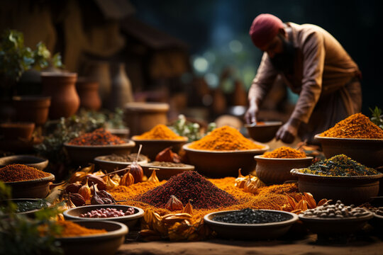Bowls with colourful spice in market in India. Asian or mexican food banners, advertisement. Copy space