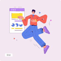 Concept vector business illustration of a business man pointing at mobile app design. - 626019731