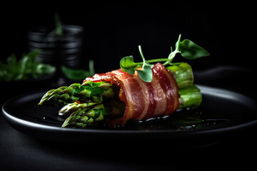 Green asparagus wrapped in bacon on a black flat plate. Baked asparagus with bacon and spices on a black stone plate. Closeup of asparagus. Realistic 3D illustration. Generative AI