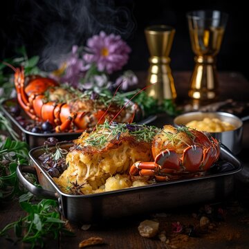 A photo with presentation of delicious Lobster Thermidor, food photography, gourmet created with Generative AI technology