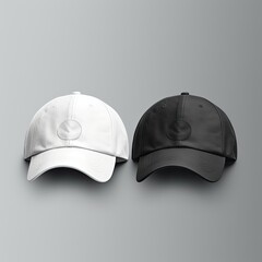 Baseball Caps Mockup: White and Black Caps on Grey Background
