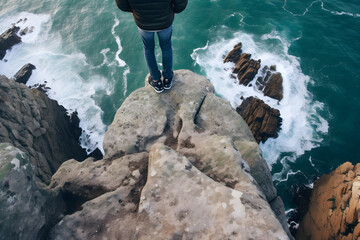 Man on cliff above ocean  - obrazy, fototapety, plakaty