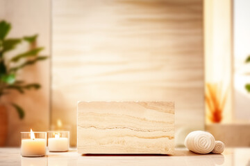 Fototapeta na wymiar Travertine empty pedestal on blurred sustainable bathroom interior background with candles and towels. Scene stage showcase for beauty and spa products, cosmetics, promotion sale or advertising