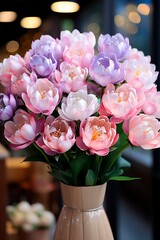 A Gorgeous Bouquet of Pink Flowers Gracefully Adorns a Vase, Poised Perfectly on a Table. The Soft Hues and Freshness of the Blooms Bring a Touch of Elegance to Any Setting. Ai generative