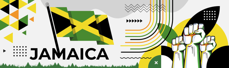 Jamaica flag for national day banner, green yellow black colors background and geometric abstract modern design. Jamaican flag independence day corporate business theme. Vector Illustration. - obrazy, fototapety, plakaty