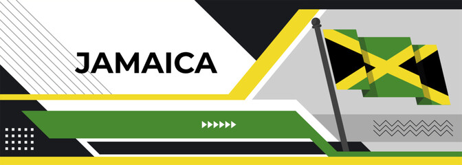 Jamaica flag for national day banner, green yellow black colors background and geometric abstract modern design. Jamaican flag independence day corporate business theme. Vector Illustration.