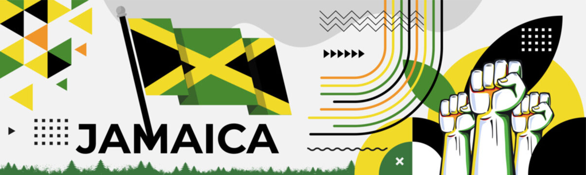 Jamaica flag for national day banner, green yellow black colors background and geometric abstract modern design. Jamaican flag independence day corporate business theme. Vector Illustration.
