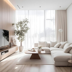 Fototapeta premium Modern living room interior design with white sofa, video conference zoom