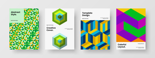 Isolated geometric hexagons magazine cover template bundle. Clean brochure A4 vector design layout set.