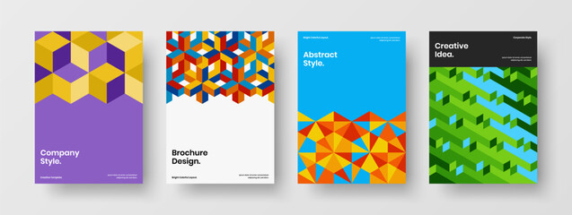 Unique magazine cover A4 vector design template bundle. Colorful geometric shapes corporate brochure illustration set.