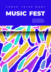 Modern music fest poster template with brush strokes, paint stains, geometric shapes, typography. Hand drawn abstract pattern. Freehand design elements. Minimalist style placard, banner, blank, flyer 