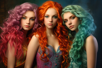 Naklejka premium Close up of three young girls with colored hair looking at the camera. Generative AI