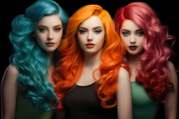 Naklejka premium Close up of three young girls with colored hair looking at the camera. Generative AI