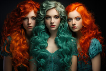 Naklejka premium Close up of three young girls with colored hair looking at the camera. Generative AI