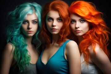 Naklejka premium Close up of three young girls with colored hair looking at the camera. Generative AI