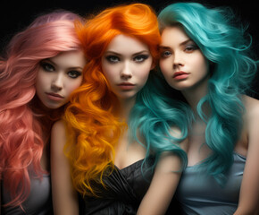 Close up of three young girls with colored hair looking at the camera. Generative AI