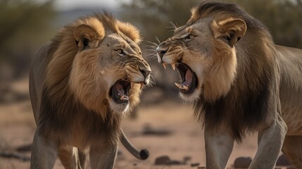 Fototapeta premium Two Lions Fighting for a Leadership. Lions in the African Savanna. Beautiful Lions in the Golden Savanna. Lion in Savanna. Ai Generated Art. Made With Generative AI.