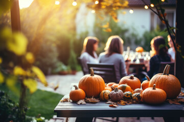 Family having a meal outdoors, table setting with pumpkins and autumn decoration