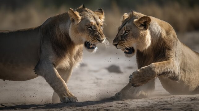Two Lionesses Fighting. Lionesses in the African Savanna. Beautiful Lionesses in the Golden Savanna. Female Lion in Savanna. Ai Generated Art. Made With Generative AI.
