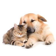  Cat and dog sleeping together, white background