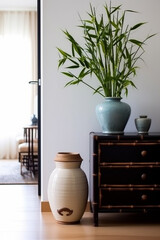 Vase with Lucky bamboo on chest of drawers. generative ai