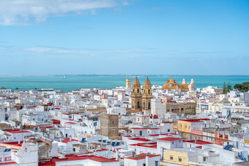 Aerial view of Cadiz with Church of San Antonio de Padua and Church of Nuestra Senora del Carmen - Cadiz, Andalusia, Spain © diegograndi
