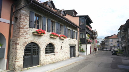 MONTREUX SWITZERLAND MARCH 1 2022 Traditional architecture in European street