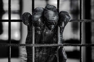 Chimpanzee's hand grabbing cage bars.
