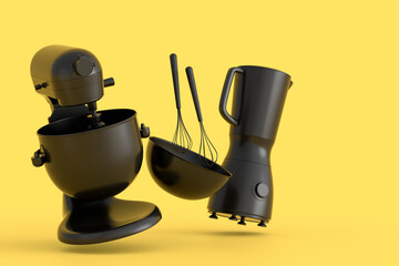 Mixer and bowl with kitchen utensil for preparation of dough on monochrome