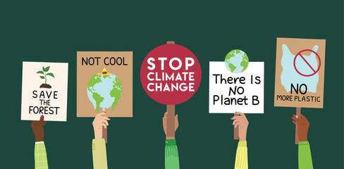 Protest strike against climate change and global warming. Set of human hands with eco banners, placards. Save the planet, stop climate change, no plastic concept. Hand drawn vector illustration - obrazy, fototapety, plakaty
