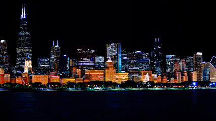 Night view of Chicago coastline.