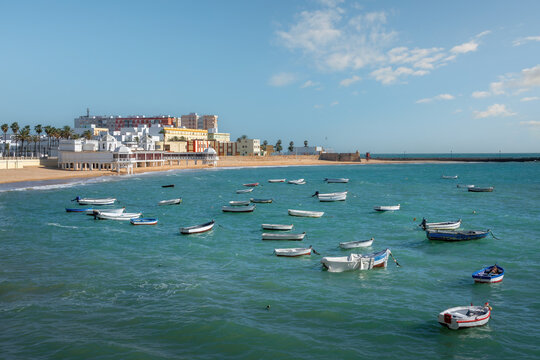 La Caleta Beach and Balneario de la Palma Building - Cadiz, Andalusia, Spain