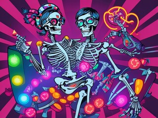 esqueletos con gafas y luces de colores bailando en una discoteca