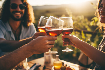 Happy European friends drinking and toasting with local wine during picnic near vineyards in countryside. Young men and women spend time together. Concept of winemaking, friendship and leisure