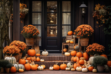 Porch of the backyard decorated with pumpkins and autumn flowers