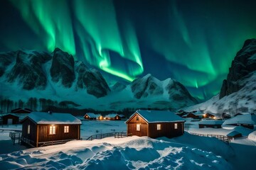 Beautiful green Aurora borealis over snowy mountains and houses