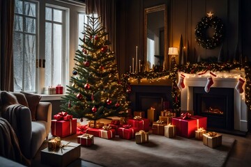 Fototapeta na wymiar Christmas tree in the living room with presents