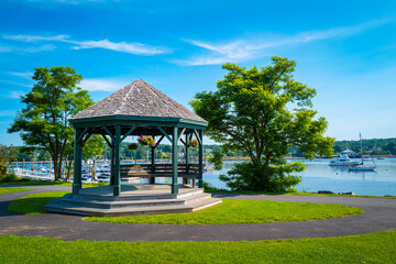 Pavillion on the Green of Steamboat Landing Park in Belfast. Tranquil summer landscape along the...