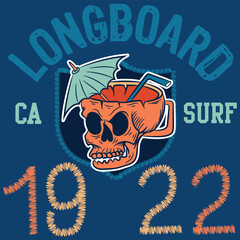 Illustration tropical skull with pineapple and umbrella  and text California Beach Long Board in to the beach Home is where the waves are.