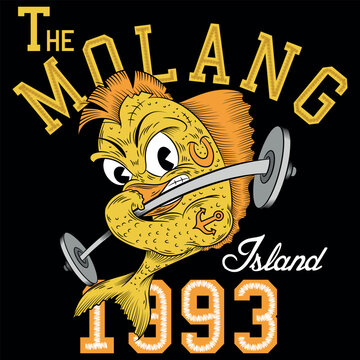 Illustration Fish Tattoo with hair and exercise weights Text The Molang beach Since 1993 california beach Cool Colors Surf style.