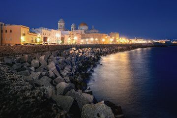 Cadiz Cathedral and Paseo del Vendaval Promenade at night - Cadiz, Andalusia, Spain © diegograndi
