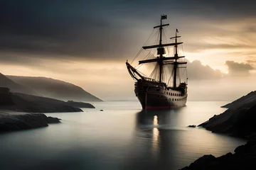 Fototapete Schiff Sail into the tranquility of the evening with an awe-inspiring image of a ship gracefully navigating the waters under the warm hues of a sunset. 