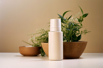 White Cosmetic bottle surrounded by plants on a beige background 