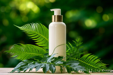 White Cosmetic bottle surrounded by plants on a green background 