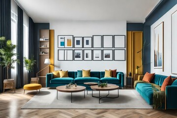 minimal design appartment, a wall with 2 or 3 picture frames, modern living-room, colourful furniture, perpendicular composition